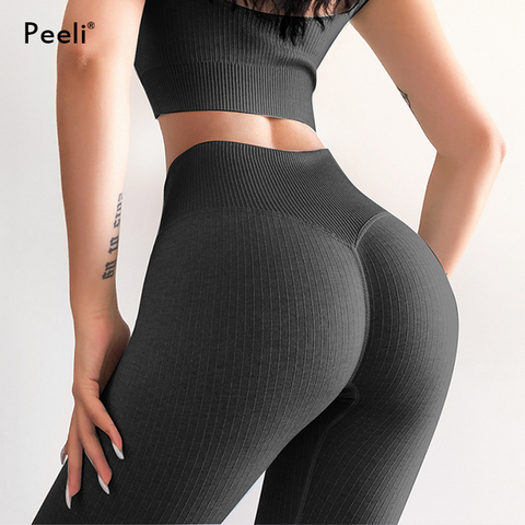 Peeli côtelé sans couture Leggings sport Fitness pantalon plaine taille haute Leggings de gymnastique ventre contrôle Yoga pantalon Booty entraînement collants ► Photo 1/6