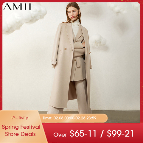 Amii minimalisme hiver manteau femmes mode solide 100% laine ceinture mollet-longueur Double face laine manteau veste femme 12040654 ► Photo 1/5