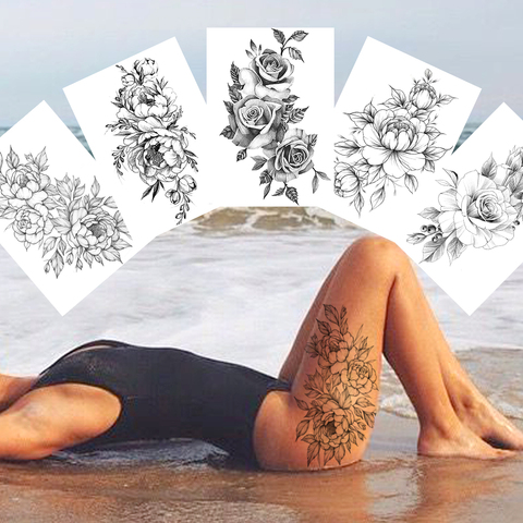 Fleur Sexy tatouages temporaires pour les femmes corps Art peinture bras jambes tatouages autocollant réaliste faux noir Rose imperméable tatouages ► Photo 1/6