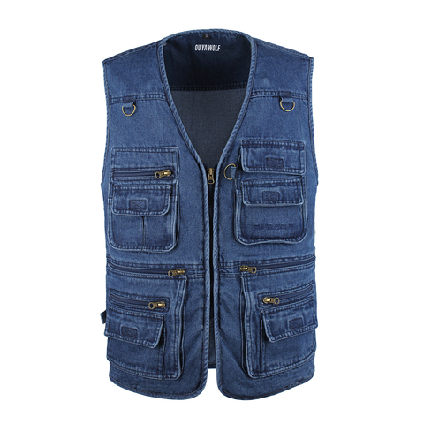 Denim hommes gilet coton sans manches vestes bleu décontracté pêche gilet avec beaucoup de poches grande taille 10XL extérieur gilet mâle gilet ► Photo 1/6