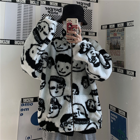 Coréen hiver nouveau Harajuku paresseux BF Style manteau mignon dessins animés impression pleine manches veste laine d'agneau garder au chaud fermeture éclair vêtements d'extérieur ► Photo 1/6