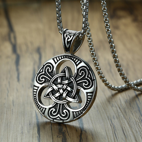 Collier rétro de style Punk, Irlandais, Celtique, triquetra de l'amour, pendentif rond en acier inoxydable vintage pour homme, 24 pouces ► Photo 1/5