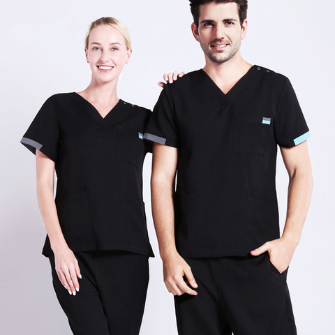 Uniforme de gommage extensible pour infirmières, vêtements de travail noirs, ensemble de gommage, haut et pantalon, couleur unie, col en V, uniformes infirmiers pour médecins, costume 19SS007 ► Photo 1/6