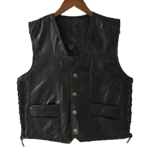 Gilet de motard en cuir véritable noir Punk homme, gilet d'automne sans manches en dentelle et boutons ► Photo 1/6