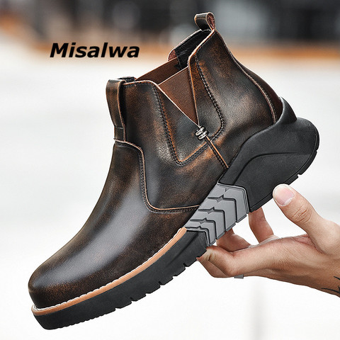 Misalwa-bottes à élévateur pour hommes, chaussures en cuir brossé originales, Chelsea, semelle épaisse, augmentation de la hauteur, décontracté ► Photo 1/6