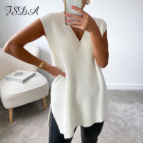 FSDA femmes col en V sans manches pull gilet tricoté 2022 pull automne hiver fendu blanc coréen Preppy pull haut ample décontracté ► Photo 1/6