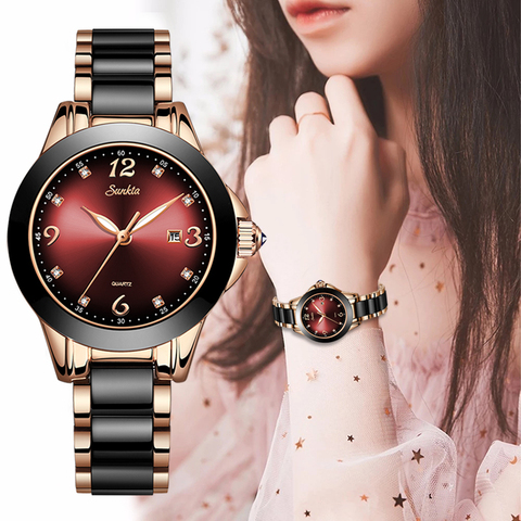 Montre Relogio LIGE marque SUNKTA Montre de mode femmes de luxe en céramique et alliage Bracelet analogique femmes Montre-Bracelet Relogio Feminino ► Photo 1/6