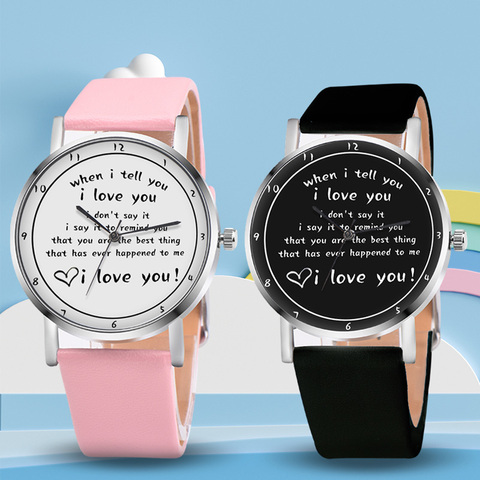 Lettres imprimées montre Quartz montre avec bracelet en cuir PU je t'aime regarder pour les femmes filles H9 ► Photo 1/6