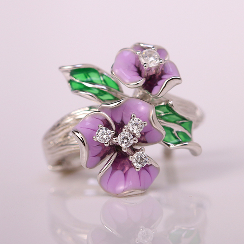 Élégant exquis fleur argent anneaux pour les femmes violet bourgeon émail cubique zircone cristal mariage anniversaire bague cadeau ► Photo 1/2