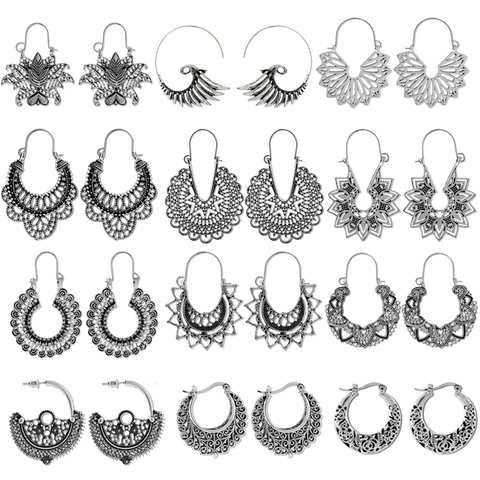 HuaTang-boucles d'oreilles Vintage à fleurs de Mandala pour femmes, Antique, à motif géométrique, couleur argent, goutte, bijoux indiens ► Photo 1/6