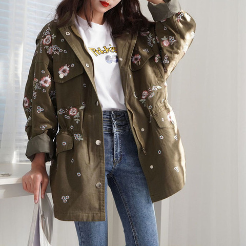 Haute qualité Chaquetas mujer automne Vintage fleur broderie femmes outillage Trench grande taille mode décontracté coupe-vent manteau ► Photo 1/6