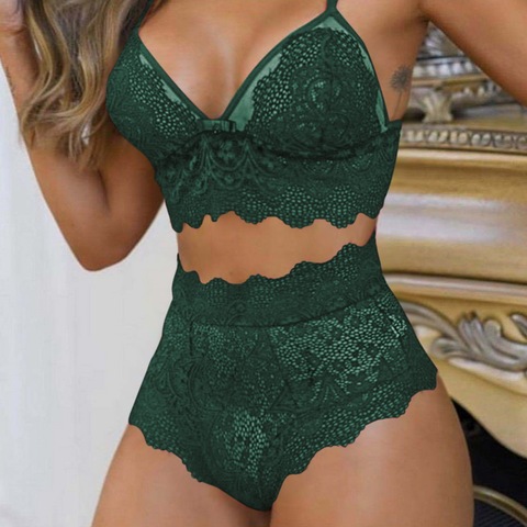 V profond Sexy sous-vêtements ultra-mince soutien-gorge ensemble grande taille brassière vert femmes Lingerie ensemble dentelle broderie Transparent soutien-gorge culotte ensemble ► Photo 1/6