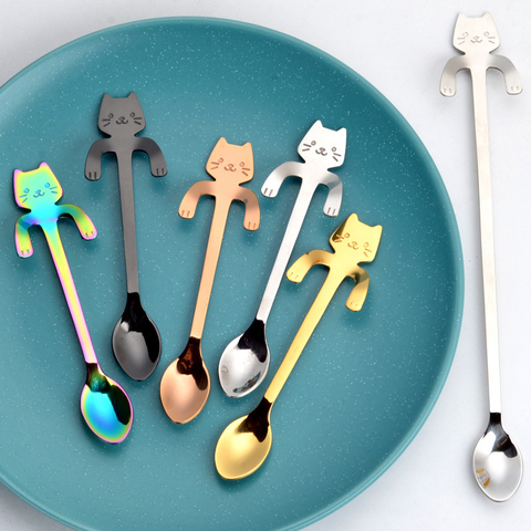 Mini cuillère à café mignon 304 acier inoxydable dessin animé chat cuillère cuillère à café Dessert Snack Scoop lait enfants cuillères vaisselle ► Photo 1/6