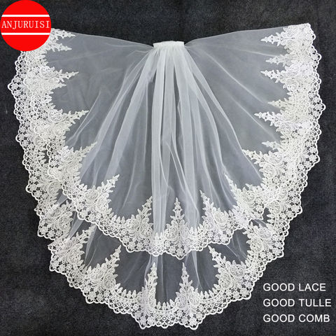 Voile De mariée court en Tulle blanc ivoire, deux couches, bord en dentelle, bon marché, accessoires De Mariage en vogue, en Stock ► Photo 1/6