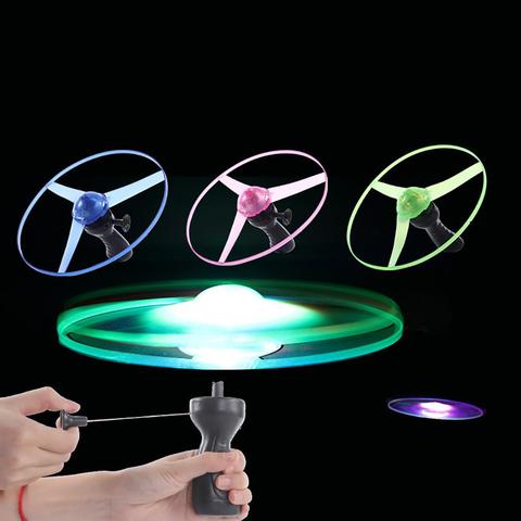 Soucoupe disque à mouche en plastique lumière LED up, corde de traction colorée, jouets UFO pour enfants, lumière clignotante pour l'extérieur ► Photo 1/6