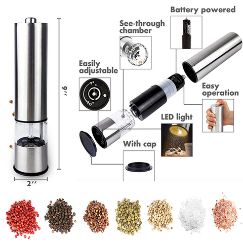 Moulin à sel et à poivre électrique, outils de cuisine, automatique, pratique, réglable, grosseur ► Photo 1/6