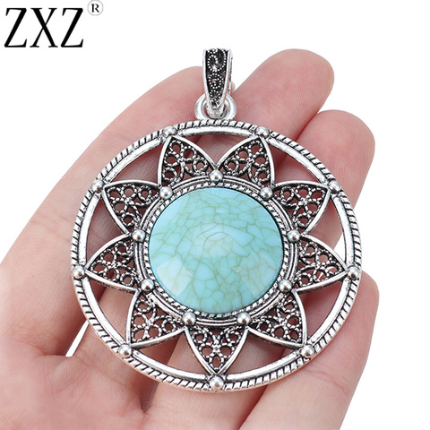 ZXZ 2 pièces tibétain argent grande fleur Faux Turquoise pierre ronde breloques pendentifs pour collier bijoux faisant des résultats ► Photo 1/3