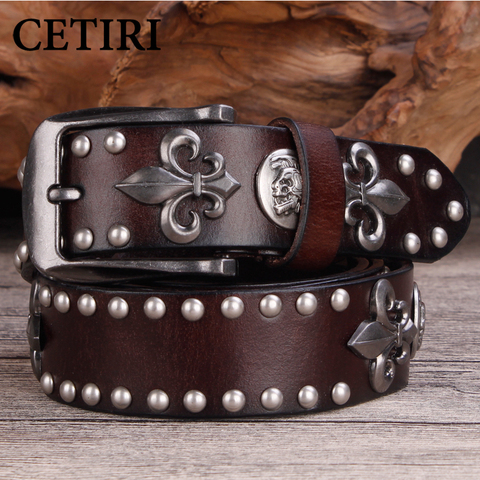 Ceinture de Cowboy en cuir véritable pour hommes, Rivet métallique de haute qualité, en cuir de vache, Punk, Rivet, pour Jeans ► Photo 1/6