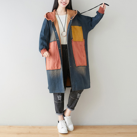 Manteau à capuche en denim pour femmes, coupe-vent surdimensionné, Patchwork de couleurs contrastées, Trench Baggy Vintage, vêtements d'extérieur décontractés ► Photo 1/6