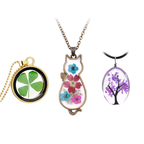 Collier en résine, marguerite, arbre de souhait, vraie fleur séchée, Cabochon en verre, collier de fleurs séchées, fait à la main ► Photo 1/6