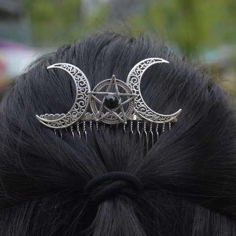 Wiccan lune pentagramme épingle à cheveux croissant de lune peigne sorcière diadèmes païen cheveux bijoux mariage cheveux accessoire ► Photo 1/3