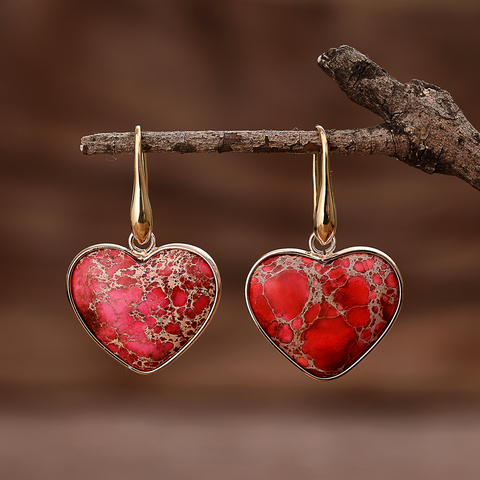 Rose Rouge Pierres Naturelles Boucles D'oreilles pour Femmes Coeur Jaspers Dangle Boucle D'oreille Fait À La Main Bijoux D'art ► Photo 1/4