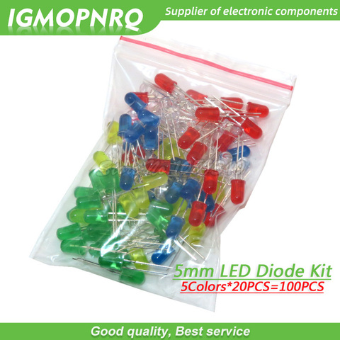 5 couleurs * 20 pièces = 100 pièces 5mm LED Diode lumière Kit assorti vert bleu blanc jaune rouge chaque composant de 20 pièces échantillon paquet F5MM ► Photo 1/2