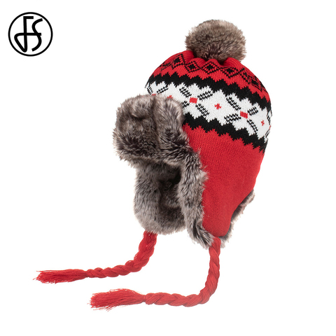 FS – chapeaux de bombardier pour femmes et hommes, chapeau russe chaud d'extérieur avec pompon en fourrure, casquette de trappeur en laine coupe-vent rouge ► Photo 1/6