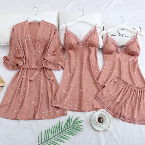 Rose imprimé Dot Robe de mariée ensemble vêtements de nuit décontracté intime Lingerie chemise de nuit chemise de nuit doux Homewear maison vêtements Kimono Robe ► Photo 1/5