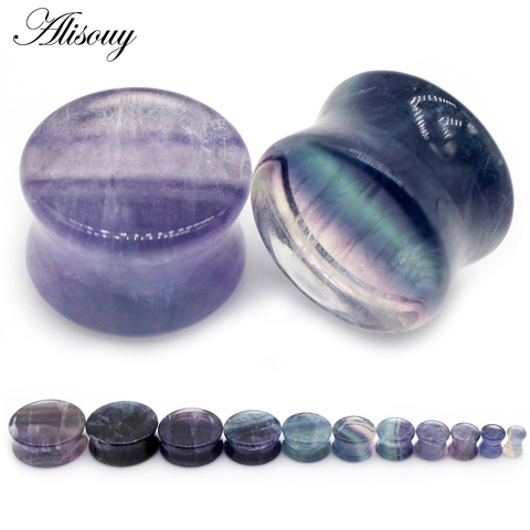 Alisouy 2 pièces multi-couleur Aurora Fluorite pierre bouchons d'oreille Tunnel expanseur Double évasé civière jauges Piercing corps bijoux ► Photo 1/5