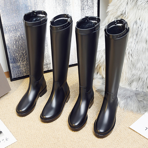 Bottines à genoux en cuir véritable noir pour femmes, chaussures automne-hiver à plateforme, tendance, collection nouveauté ► Photo 1/4