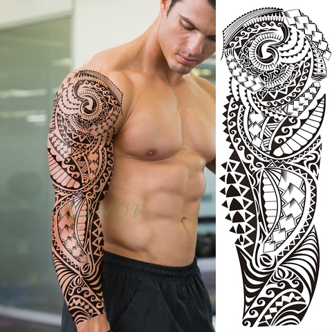 Autocollant de tatouage temporaire imperméable motif totem géométrique, bras complet à la manche, grande taille, faux tatouage flash pour hommes et femmes ► Photo 1/6