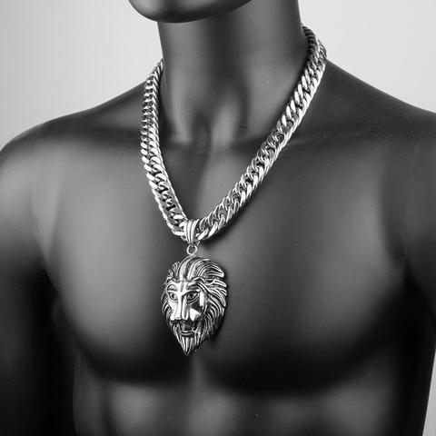 Lourd hommes collier en acier inoxydable grand Lion tête pendentif cubain lien chaîne collier fête tour de cou bijoux d'anniversaire ► Photo 1/6