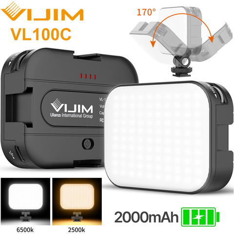 Ulanzi VL100C 3200K-6500K LED lumière vidéo 170 ° réglable Angle Ballhead 3 chaussure froide Vlog lumière de remplissage intégré 2000mAh batterie ► Photo 1/6