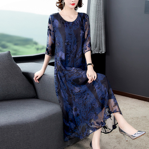 Robe Maxi en soie de mûrier, Jacquard, bleu, ample, mi-longue, élégante, moulante, printemps, 3XL, été, 2022 ► Photo 1/6