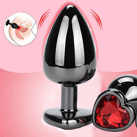 Plug anal placage en métal noir, base lisse, dilate l'anus, avec cœur rouge romantique en cristal, perle, couple, boule de massage ► Photo 1/5