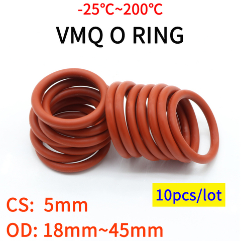 VMQ – joint torique étanche en caoutchouc de Silicone, 10 pièces, épaisseur CS 5mm OD 18 ~ 45mm, rondelle isolée, forme ronde non toxique rouge ► Photo 1/3