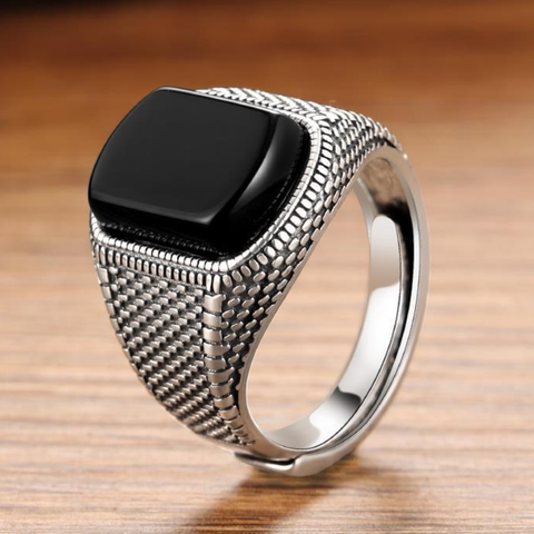 Bague en pierre noire en argent Sterling pour hommes et femmes, en argent véritable 925, taille ouverte, bague Vintage S925, bijoux en grenat noir ► Photo 1/6