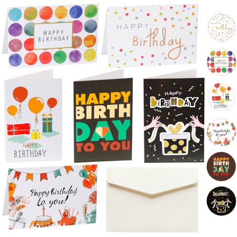 Lot de 6 cartes d'anniversaire repliées, ballons mignons assortis, cartes de vœux avec enveloppes et autocollants, cadeaux pour fête d'anniversaire ► Photo 1/6