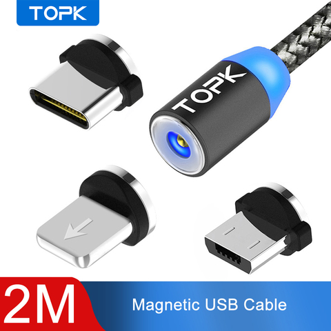 TOPK AM17 2M LED câble USB magnétique pour iPhone Xs Max Micro USB Type C câble Samsung tressé câble de téléphone aimant fil de charge ► Photo 1/6