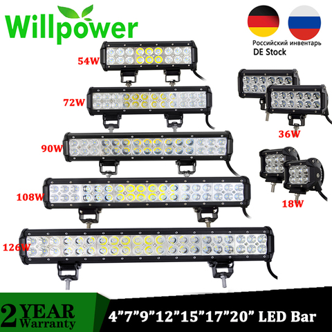 Willpower 18W 36W 72W 108W Offroad barre de LED 4 