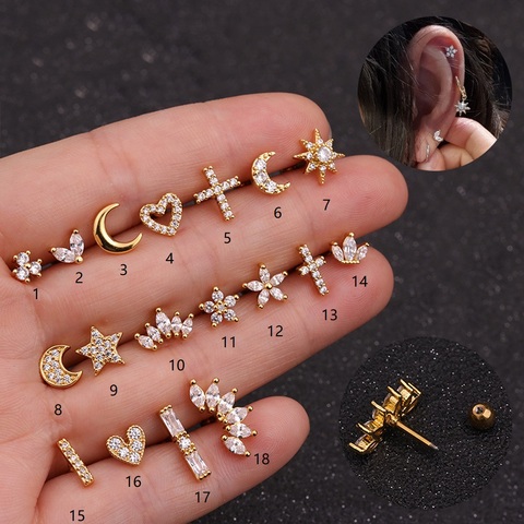 Argent et or couleur CZ goujon Piercing lune étoile Cartilage boucle d'oreille conque Tragus goujon hélice Cartilage Piercing bijoux Mujer ► Photo 1/6