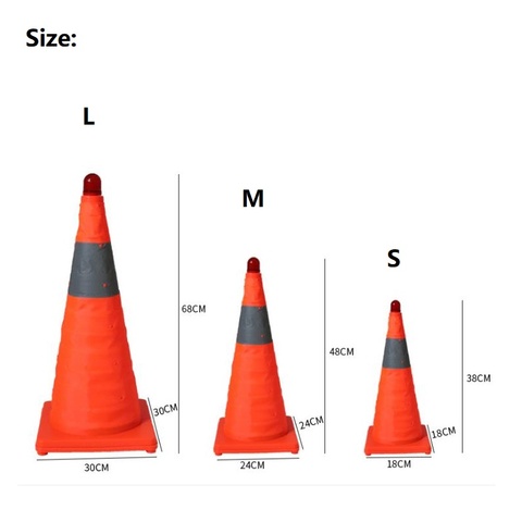 38cm/48cm/68cm de haut pliant cône télescopique réfléchissant en plastique barrage routier installations de circulation routière clignotant feux d'avertissement signes ► Photo 1/6