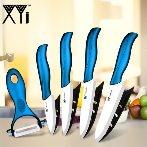 XYj, ensemble de couteaux de cuisine en céramique multicolores, couteau de Chef + éplucheur, couteau à fruits à lame blanche et noire avec housses de couteau cadeau 3 