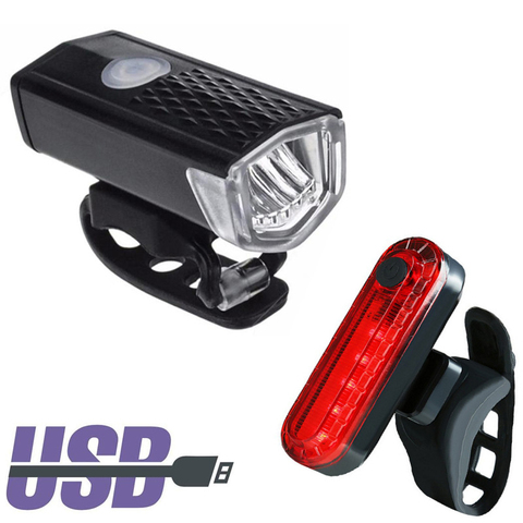 2 pièces vélo lumières Rechargeable 300 Lumens vélo LED lumières avant phare + arrière feu arrière vélo lampe de poche ► Photo 1/6