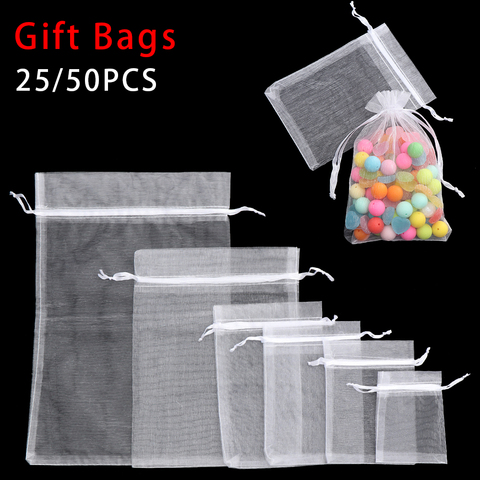 Emballage de bijoux 25/50 pièces | Fournitures pour fêtes tendables, cadeau pour noël, pochettes blanches, pochettes en gaze Organza à cordon coulissant ► Photo 1/6