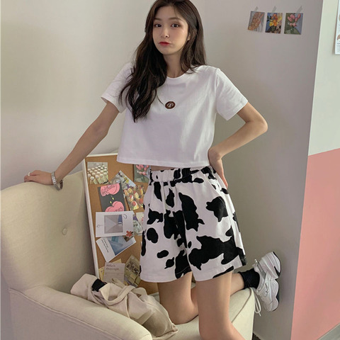 Ensemble de t-shirts et Shorts pour femmes, 2022, short imprimé de vache, taille haute, Harajuku, jambe large élastique, décontracté, solide ► Photo 1/6