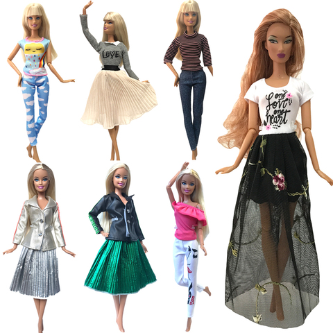 NK 1 ensemble mode multicolore tenue robe chemise Denim grille jupe quotidien tenue décontracté accessoires vêtements pour poupée Barbie JJ 06 ► Photo 1/6