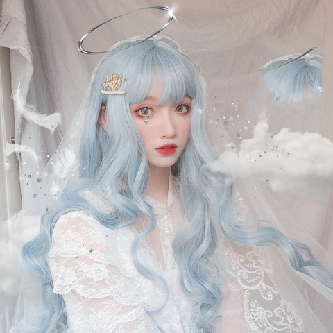 MANWEI – perruque de Cosplay synthétique Lolita, longue et bouclée, avec frange résistante à la chaleur, bleue ombrée, 70CM ► Photo 1/6