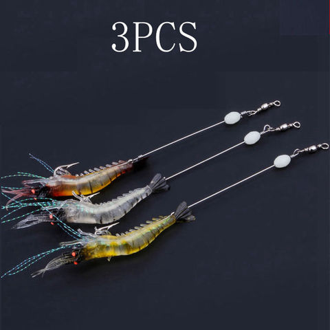 3 pièces trois couleurs Simulation leurre doux appâts crochets pour accrocher faux crevettes leurre bionique crevettes avec lumineux en forme de crevette souple appât ► Photo 1/6